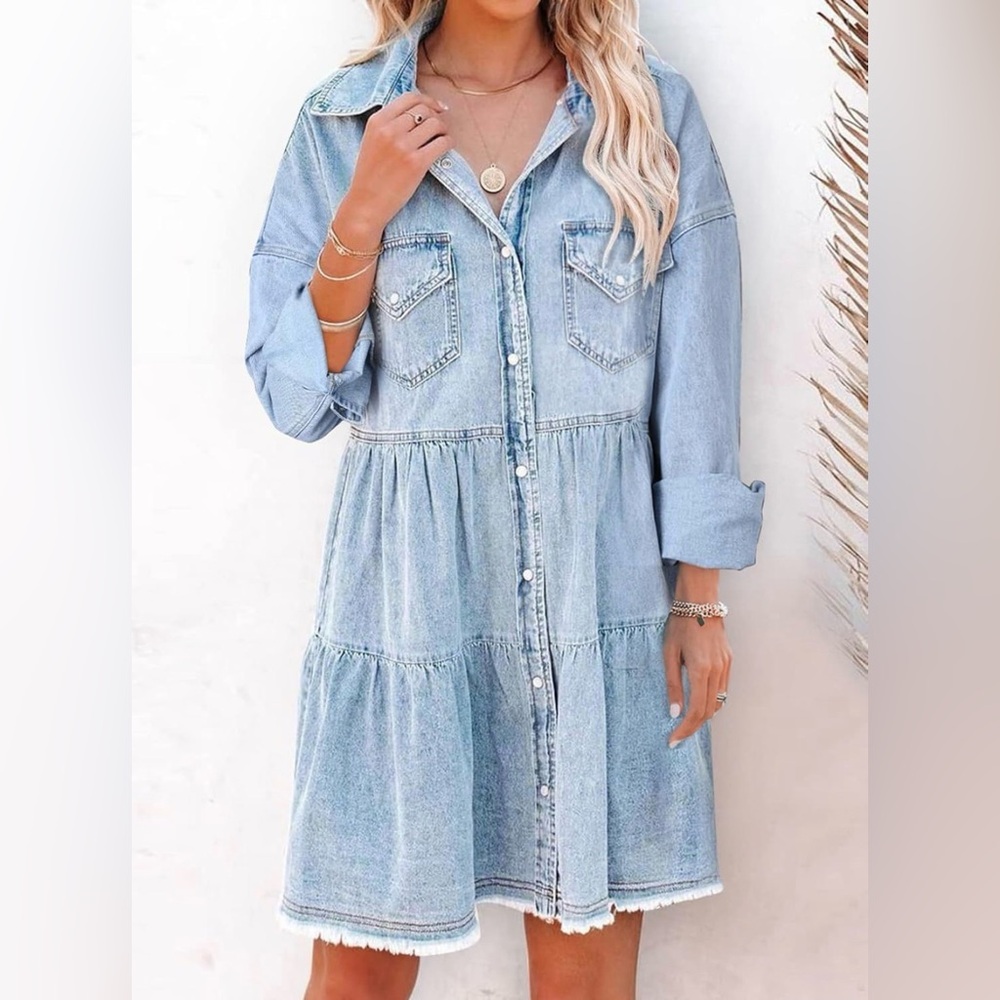 Womens Buttoned Long Sleeve Denim Jean Dress Blue Western Country Stagecoach